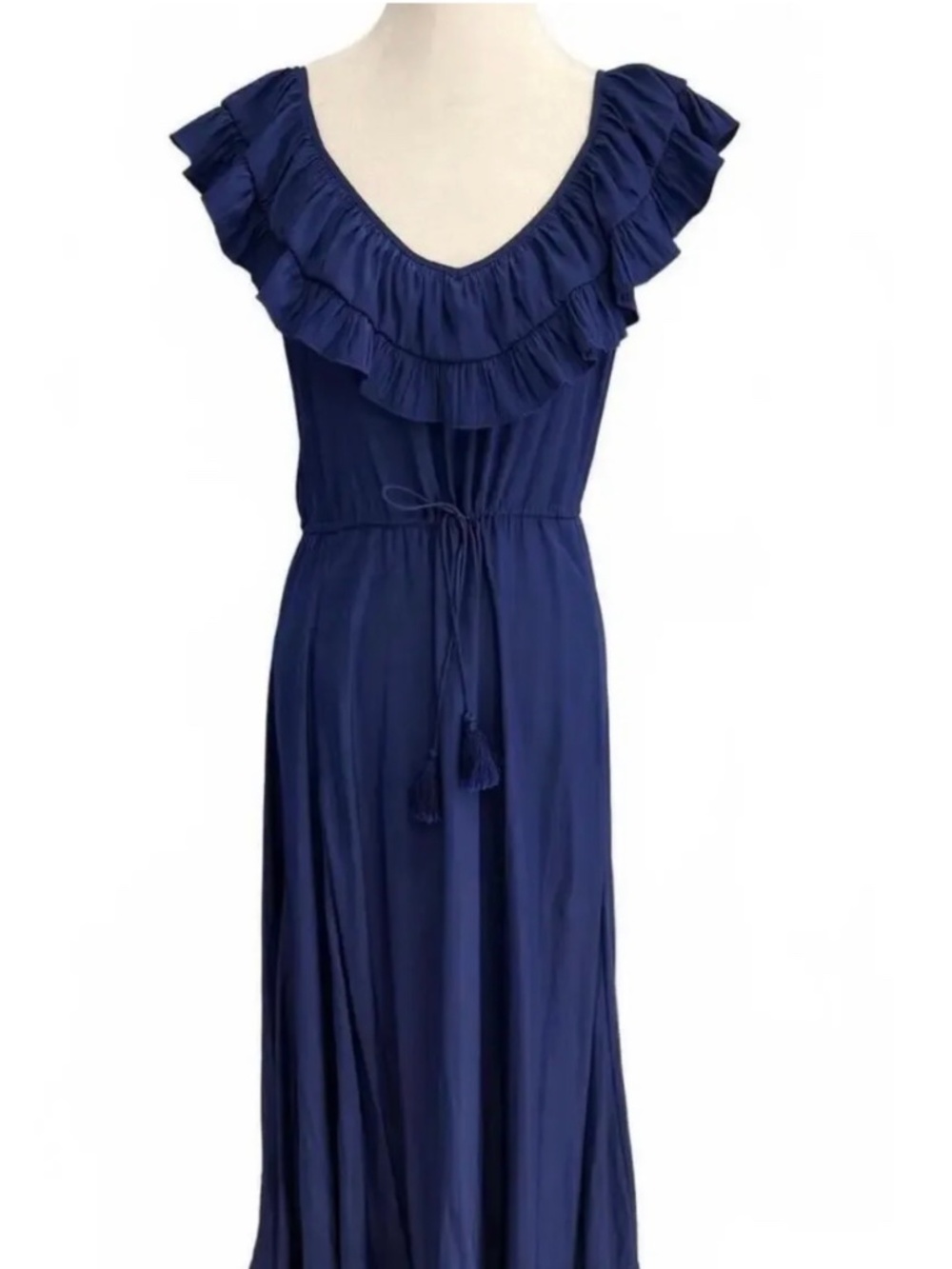 Calypso St. Barth Blue Ruffle Maxi Dress V-Neck Tassel Tie Belt Boho Silky M